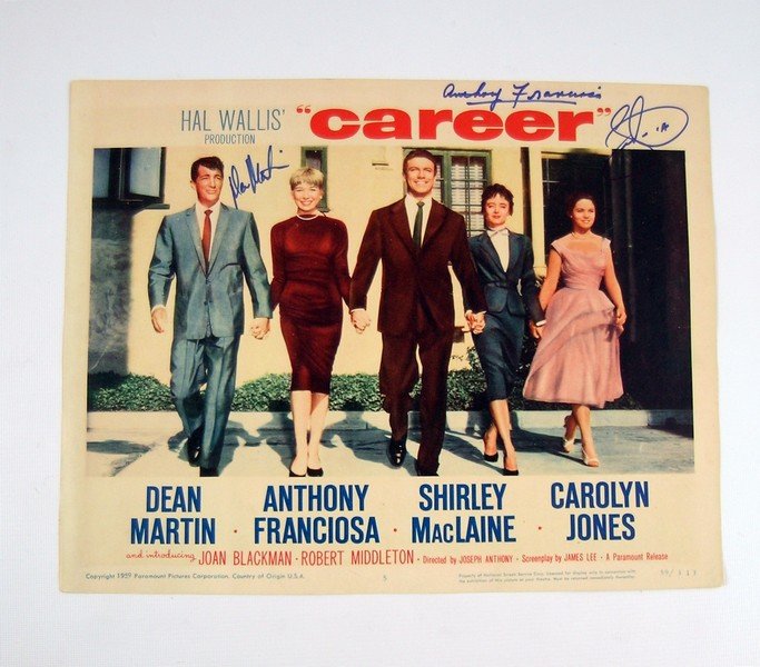 Career Anthony Franciosa/Sammy Cahn Signed Lobby Card: The cult classic drama "Career" (1959) was one of the first brave productions to actually show the horrors of the Hollywood Blacklist due to the terrors of the McCarthy witch hunts in the 1950's. Co-w