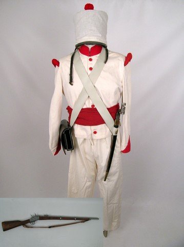 The Alamo (1960) Mexican Army Infantry Costume: From one of the great epic action films of all time, John Wayne's masterwork (he produced, directed and starred), "The Alamo" (1960) this is a truly spectacular eye-popping red and white Mexican Army 