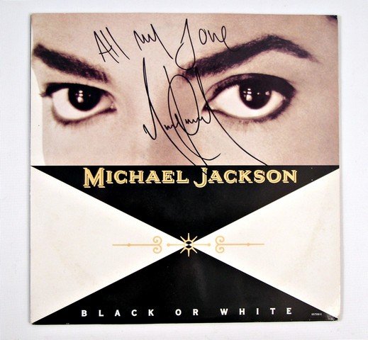 Michael Jackson Signed 12" 45 Black Or White: The rare 12" 45 on Epic Records of Michael Jackson's "Black Or White" and "Thriller" (both original song and instrumental). Album sleeve is signed by Michael Jackson.