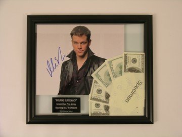 The Bourne Supremacy Money Props & Matt Damon Autograph: In the second installment of the Bourne action thriller, Matt Damon once again plays Jason Bourne, in "The Bourne Supremacy" (2004). This time he is framed for a CIA operation gone wrong and is forced