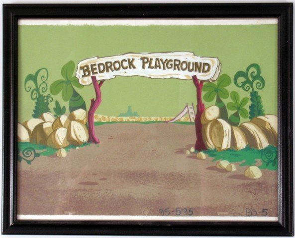 Flintstones Bedrock Playground Animation cel: The Flintstones - Framed Bedrock Playground animation from animator John Ahern. (approx. 15" x 12")