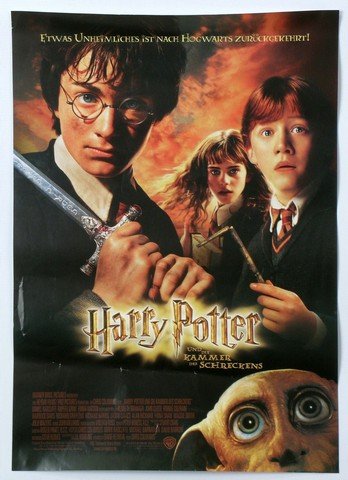 Harry Potter Chamber Of Secrets German Poster: A Poster for the German release of "Harry Potter and the Chamber of Secrets ("Harry Potter Und die Kammer des schreckens"). The full color poster is approx. - 11.75"x16.5" and has a slight crease.