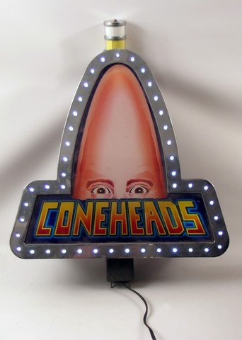 Conehead Light-Up Slot Machine Sign: From Bill Murray's own Coneheads slot machine , this is a large Coneheads plug-in light-up sign that stood on top. And it works! A great collectable! (Approx. 19" x 20"). Oversized item.
