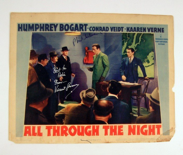 All Through The Night Signed Lobby Card: The attack on Pearl Harbor changed the course of everything in Hollywood. Suddenly movies had to have a patriotic bend. Even gangsters had to get into the act. A Warner Brothers gangster film, "All Th