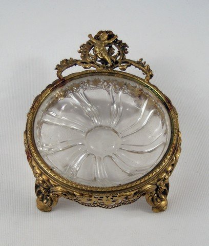Harry Potter Sorcerer's Stone Cut Glass Dish & Antique: Harry Potter Sorcerer's Stone Cut Glass Dish & Antique Frame Prop - An elaborate antique Victorian style faux-gold metal angel graced frame and sunburst cut-glass engraved glass dish from "Harry Potte