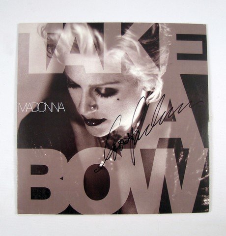 Madonna Signed Take A Bow Dance Mix Album: Madonna Signed Take A Bow Dance Mix Album - "Take a Bow" was a smash hit song by Madonna from her sixth studio album called "Bedtime Stories" (1994). This is a dance mix 33rpm LP which has the InDaSou