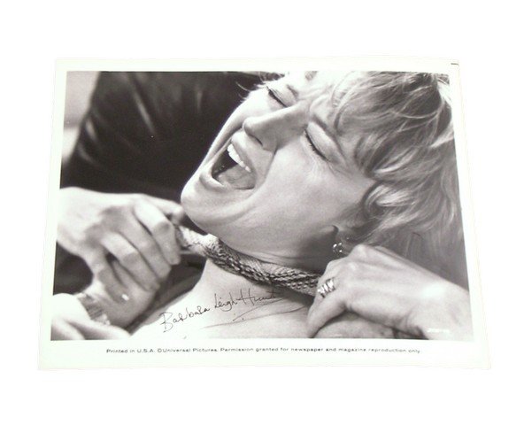 Hitchcock's Frenzy Brenda (Barbara Leigh-Hunt) Signed: Hitchcock's Frenzy Brenda (Barbara Leigh-Hunt) Signed PR Neck-Tie Strangulation Photo - Not long after Alfred Hitchcock's last masterpiece "Frenzy" (1971) begins, a fruit merchant, Robert Rusk (Barry 