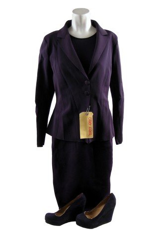 The Giver Chief Elder (Meryl Streep) Movie Costumes: The Giver - Chief Elder (Meryl Streep) screen worn, hero, purple two button neoprene long sleeve work jacket, purple neoprene work dress, and purple wedge heels. Includes wardrobe tag!