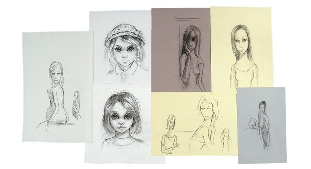 Big Eyes Margaret Keane (Amy Adams) Hand Drawn Sketches: Margaret Kean (Amy Adams) Screen used, seven hand drawn sketches. (largest approx. 17" x 11")