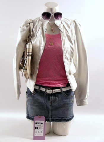 St. Vincent Daka (Naomi Watts) Movie Costumes: Daka (Naomi Watts) screen worn, hero, white plastic zipper front puffed shoulders 'Ashley' jacket, (size S) bubble gum pink laced 'Hanky Panky' tank top, white pleather with embroidered heart reversib