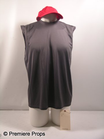 Piranha 3DD Hit by Hasselhoff Man Movie Costumes: Hit by Hasselhoff Man stunt, dark grey with cut off sleeves 'Reebok' shirt, (size M) and red hat. Inlcudes wardrobe tag!