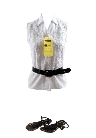 Big Eyes Margaret (Amy Adams) Movie Costumes: Margaret Keane (Amy Adams) screen worn, hero, white sleeveless with ruffles on the front button up with collar blouse, black patent leather square buckle belt, pink rose clip on earrings, and black le