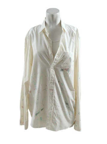 Big Eyes Margaret (Amy Adams) Movie Costumes: Margaret Keane (Amy Adams) screen worn, hero, off-white with paint all over the front long sleeve button front 'J. Crew' shirt, (size M) and off-white ribbed 'Fruit of the Loom' tank top. (size M) Inc