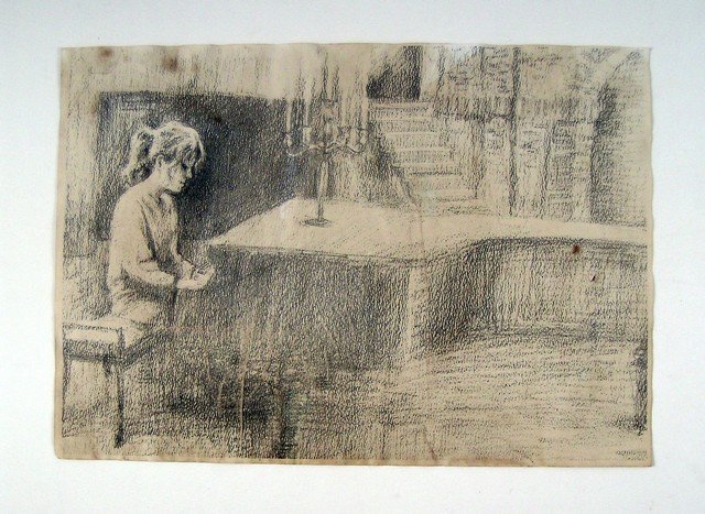 The Giver Rosemary (Taylor Swift) Movie Props: Screen used, worn from production sketch copy of Rosemary (Taylor Swift) at the piano. (approx. 16 1/2" x 11 1/2").