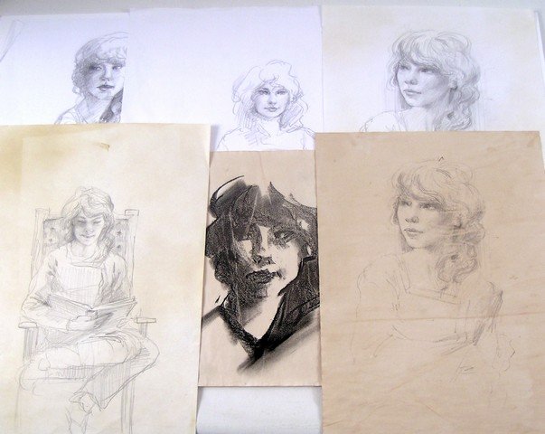The Giver Rosemary (Taylor Swift) Movie Props: Screen used, worn from production portrait sketches of Rosemary (Taylor Swift) on paper. (largest approx. 16 1/2" x 11 1/2")