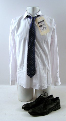 Beyond the Lights Kaz (Nate Parker) Movie Costumes: Kaz (Nate Parker) screen worn, hero, white long sleeve button front 'Top Man' shirt, cobalt blue with silver squares 'DKNY' neck tie, and black wing tip leather 'John Varvatos' shoes. Includes wardrob