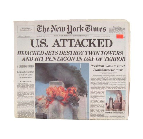 New York Times Original 9/12/01 US ATTACKED HEADLINED: New York Times Original 9/12/01 US ATTACKED HEADLINED Newspaper - We all know where we were when the World Trade Center in New York City was attacked. This is a mint condition, never opened original f