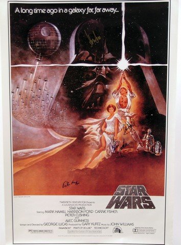 Cast Autographed Star Wars IV: A New Hope One Sheet: Star Wars: Episode IV - A New Hope (1977) - One sheet poster autographed by Mark Hamill, Harrison Ford, Carrie Fisher, and Peter Mayhew. Obtained from San Diego Comic Con in 2008. These signatures are