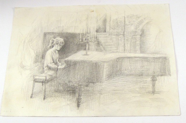 The Giver Rosemary (Taylor Swift) Movie Props: The Giver (2014) - Screen used, worn from production sketch copy of Rosemary (Taylor Swift) at the piano. (approx. 23 1/2" x 16 1/2") Condition may vary slightly.