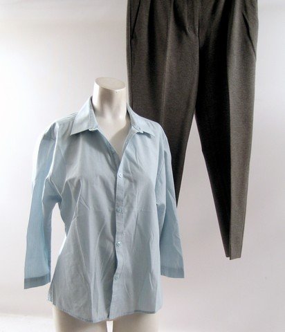 Woman in Gold Maria (Helen Mirren) Movie Costumes: Maria Altmann (Helen Mirren) screen worn, hero, light blue long sleeve button front 'Cedar Wood State' shirt, (size 16" 41cm) and grey 'Max Mara' pants.