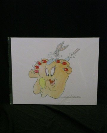 Bugs Bunny & Gossamer Watercolor: Original Bugs Bunny & Gossamer mix media watercolor, autographed by Kirk Mueller (approx. 14" x 11")