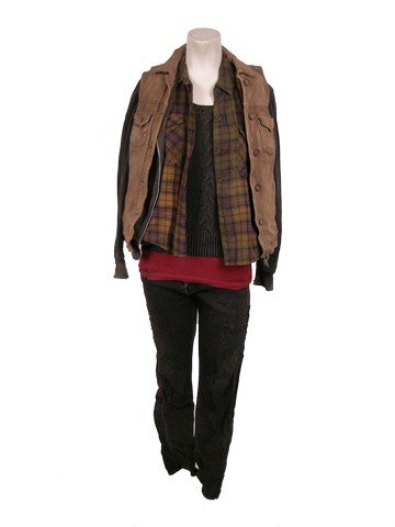 Falling Skies Season 5 2nd Mass #1 (Atlin Mitchell): Season 5, Episode 2 - 2nd Mass #1's (Atlin Mitchell) screen worn in stunt sequences, distressed, light brown six button with four front pockets "Gap Edition" vest, grey zipper front "Divided" hoody, g