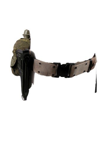 Falling Skies Hal (Drew Roy) Military Movie Props: Hal Mason's (Drew Roy) screen worn green canvas utility belt with gun holster, knife holster, field scope, and canteen.