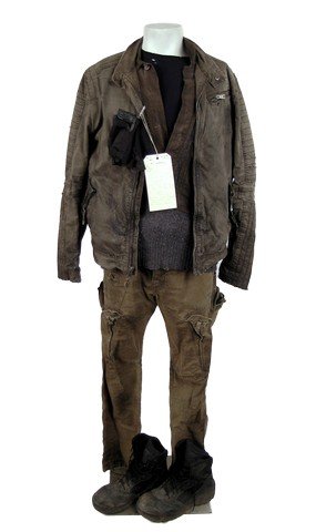 Falling Skies Season 5 Anthony (Mpho Koaho) Screen Worn: SPOILER ALERT! Season 5, Episode 10 (Series Finale) - Anthony (Mpho Koaho) screen worn, distressed, faded brown with quilted lines on the shoulders and sleeves zipper front "Rogue" jacket, medium grey