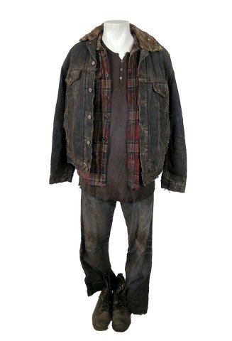 Falling Skies Season 5 Rob (Michael Smith) Movie: Season 5, Episode 5 - Rob (Michael Smith) screen worn, distressed, blue button front with cream sheering collar and lining "Levis Strauss" jacket, red, navy, cream, and gold plaid long sleeve button f