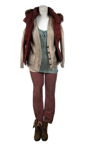 Falling Skies Season 5 Evelyn (Taylor Russell) Movie: Season 5, Episode 6 - Evelyn (Taylor Russell) screen worn, distressed, brick zipper front with fur trim "LOGG" puffy vest with hood, cream button up the front "Topshop" cardigan, heather sea foam gree