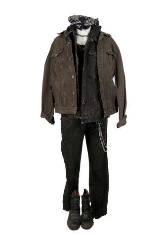 Falling Skies Season 5 Jick Jack Screen Worn Costume: Episode 510 - Jick Jack screen worn, distressed brown four pocket long sleeve button front jacket, black four pocket with French terry hoody cut off arm detail jean vest, black ribbed 'H&M' tank top, 