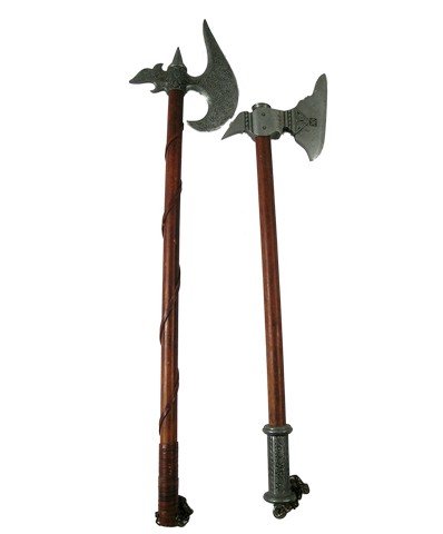 Game of Thrones Battle Axes: Set of two medieval battle axes with distinctively hammered metal blades, used in the production of the highly acclaimed TV show Game of Thrones (2011 - ). The intricately carved metal axes include fa