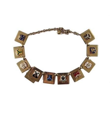 Harry Potter and the Chamber of Secrets Necklace Movie: Lots of research went into the design of this gold metal necklace, as it features 11 coats of arms mounted on square medallions. Used in the filming of Harry Potter and the Chamber of Secrets (2002),