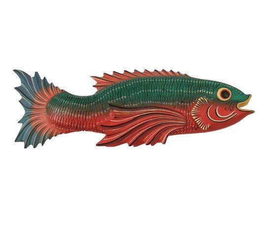 Kill Bill: Volume 2 Fish Movie Props: This wooden fish from Kill Bill: Volume 2 (2004) has exquisitely carved and painted scales, gills, and fins just as you would expect from a Quentin Tarantino directed film. Two of the fins have been c