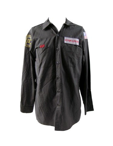 Batman Forever Gotham Elevator Operator Movie Costumes: Batman Forever 1995 - Gotham Elevator operator jacket. Grey, long sleeve button front with multiple patches.