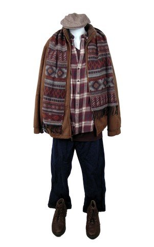 Love the Coopers Sam (John Goodman) Movie Costumes: Sam (John Goodman) screen worn, hero, brown suede like with chocolate brown fleece lining weather proof jacket, (size XL) rust, orange, grey, and cream Southwest style wool scarf with black fringe, cr
