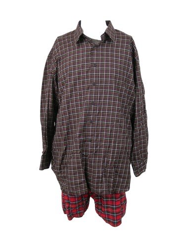 Love the Coopers Sam (John Goodman) Movie Costumes: Sam (John Goodman) screen worn, hero, dark navy with white, gold, red, and green plaid long sleeve button front 'Anto' dress shirt, heather ash grey short sleeve crew neck 'Harbor Bay' t-shirt, (size