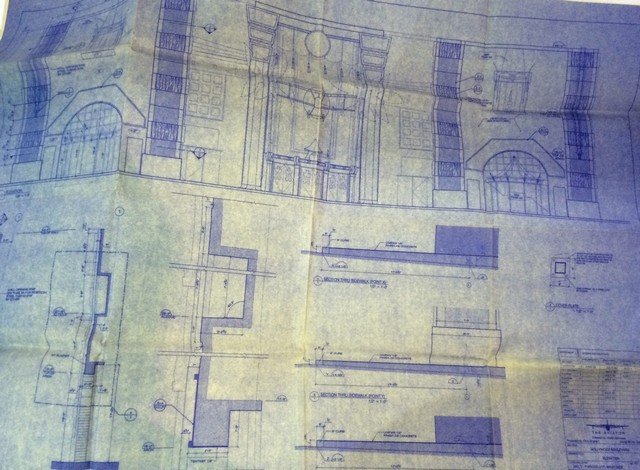 The Aviator Blueprints of Grauman's Chinese Theater: Set of three first unit blue prints of the Grauman's Chinese Theater set built for the scene featuring the premiere of H. Hughes epic "Hell's Angels". One print is an overview of the whole set, with t
