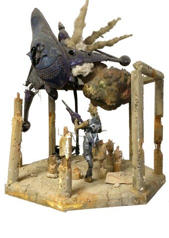 Halo 3 Believe Campaign Diorama Sections & Figures: This is the exploding Banshee spaceship, Jackal figure and structure were featured in the award winning advertising campaign "Believe" for the launch of the videogame Halo 3. This vehicle was part of