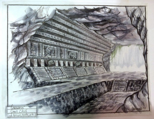 Coronado Original Concept Drawing of Rebel Hideout: Original Concept Painting of underground Rebel Hideout. Watercolor Marker and colored pencil on vellum. 8.5" x 11". Direct from New Deal Studios. New Deal Studios is a 21st Century Media Studio, unlik