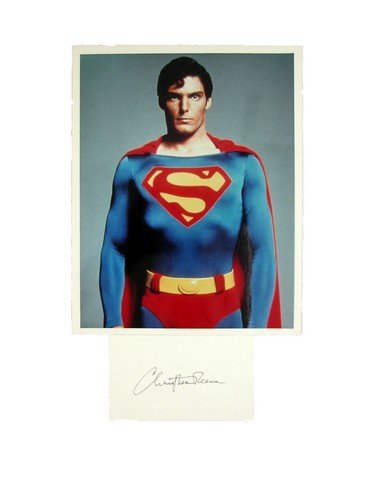 Christopher Reeve Autographed Photo Movie Memorabilia: Rare Christopher Reeve autograph with a color photo of him. This measures approximately 8" x 10" and is accompanied by an autographed index card.