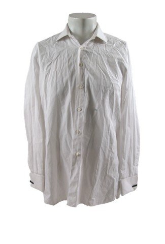 Brad Pitt Personally Owned Shirt Movie Costumes: This is Brad Pitt's personally owned white long sleeve 'One Hundred %Bijan!' shirt. There is a personal monogram with "BP" on the front pocket of the shirt.
