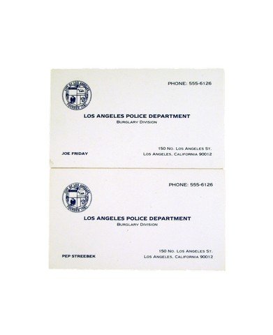 Dragnet Dan Aykroyd and Tom Hanks Police Department: Dragnet (1987) - Sgt. Joe Friday (Dan Aykroyd) and Det. Pep Streebek (Tom Hanks) Los Angeles Police Department business cards. (approx. 3 1/2" x 2" each) Includes COA's.