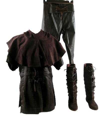 Robin Hood: Prince Of Thieves Licensed Movie Costume: Robin Hood (2010) Universal Studios Live Action Motion Picture full studio licensed costume consisting of a brown suede 'Windless' hood, (size F) leather whipstitches with buckles on the front 'Windla