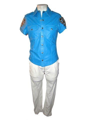 Brüno (Sacha Baron Cohen) NY Police Dolce And Gabanna: Direct from the production Brüno (2009) - Brüno (Sacha Baron Cohen) blue leather button front short sleeve with New York Police patches on the sleeves '665 One #Short of Hell' shirt, and white with 