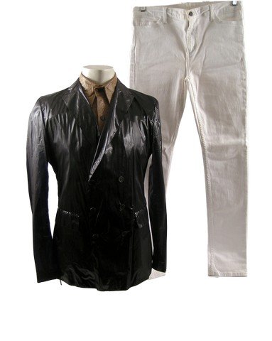Brüno (Sacha Baron Cohen) Designer Movie Costumes: Direct form the production company who produced the hit comedy Brüno (2009) is Brüno's (Sacha Baron Cohen) hero screen used thin shiny black double breasted 'Alexander McQueen' jacket, tan ostrich p