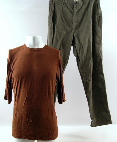 The Giver Jonas (Brenton Thwaites) Movie Costumes: Jonas (Brenton Thwaites) screen worn, hero, distressed rust brown crew neck short sleeve custom made top, and olive green worn from water pants.