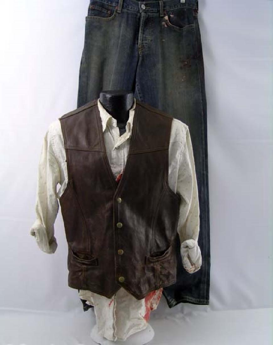 Down in the Valley Edward Norton Movie Costumes: "Down In the Valley" - Harlan's brown leather bloody vest (no size / blood stains), blue denim Lucky Brand" bloody jeans (size 32 / blood stains mostly on back), white w/ brown squares "American Eagle