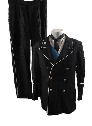 Inglourious Basterds Nazi Usher's Movie Costumes: Nazi Usher's screen worn, hero, black wool long sleeve double breasted six button with different silver Nazi patches on the neck and sleeve, Siam Costume Company' jacket, (size 40) white button up the