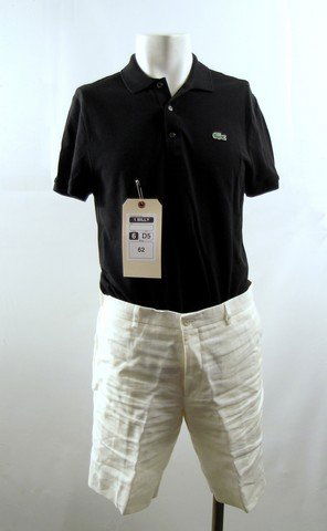 Last Vegas Billy (Michael Douglas) Movie Costumes: Billy (Michael Douglas) screen worn, hero, black short sleeve 'Lacoste' polo shirt, (size 5) and cream linen 'Ralph Lauren' shorts. (size 34) Includes wardrobe tag!